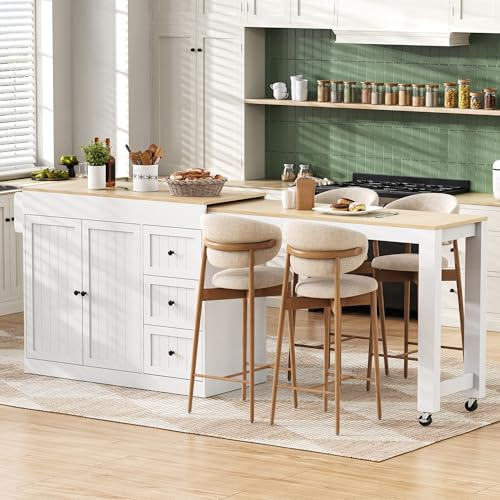 Wyibwy Isla de Cocina móvil 112-186,8×45×93 cm, Mesa de Comedor Extensible con especiero y cajones, Mesa Alta con Zona de Comedor Extensible, Isla de Cocina con Ruedas para Comedor, Blanco