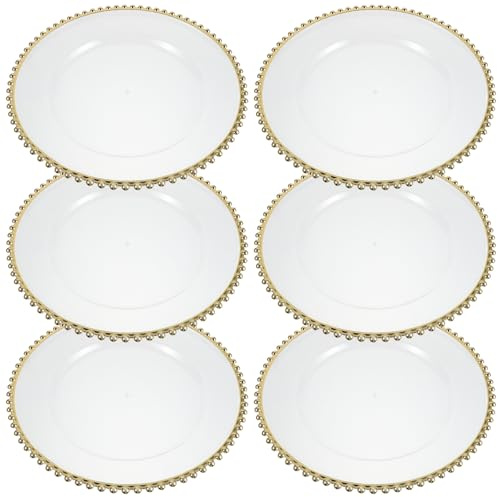 SHINEOFI Confezione da 6 Piattini Trasparenti con Bordo Dorato Decorato, Piatti Rotondi Decorativi da 33 Cm per Matrimoni, Feste, Eventi E Celebrazioni in Casa.