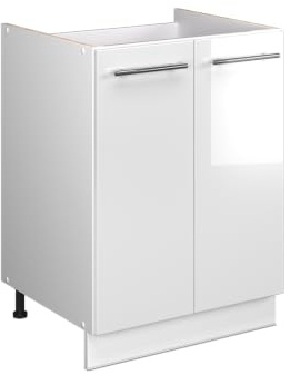 Vicco Meuble Bas sous-évier Fame-Line, Blanc Haute Brillance/Blanc, 60cm | Façade en MDF · Sans plan de travail · Pieds réglables en hauteur · Poignées en métal · Fermeture douce