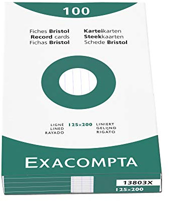 Exacompta - Ref 13803X - Förpackning med 100 operforerade linjerade indexkort - format 125 x 200 mm - kompatibel med bläckstråleskrivare, laser och kopiatorer - färg vit
