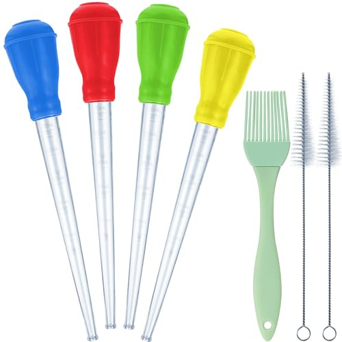 7 Pieces Nylon Heat-Resistant Turkey Baster Cooking Set Includes 4 Meat Baster, 1 Silicone Basting Brush and 2 Cleaning Brush for BBQ Grill Baking Kitchen Cooking Tool