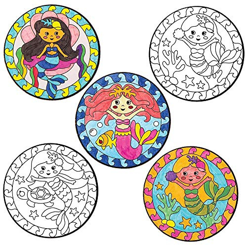 Baker Ross FE165 Mermaid Colour-in Window Decorations - Pack of 15, Suncatcher Stained Glass Effect for Children to Make and Display