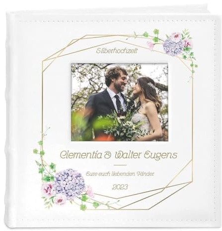 Maverton Einsteckalbum mit Aufdruck für 200 Fotos 10x15-100 weiße Seiten | Größe 21x22cm, Weiß, Geschenk für Paare, Hochzeitsgeschenk, Hochzeitstaggeschenke, Hortensie