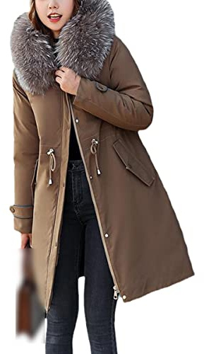 Winter Long Coat Women's Plus Size Hooded Fur Collar Parka With Faux Fleece Lining Cotton Jacket coffee M