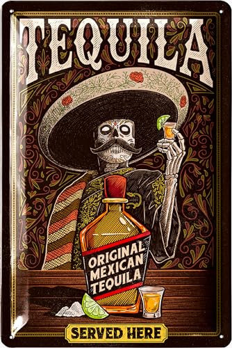 LANOLU Blechschilder retro Bar Deko - Bar Schild TEQUILA SERVED HERE - Metallschilder vintage als Alkohol Accessoires für Partyraum - Cocktail Schild als Geschenk - Dekoration Küche 20x30cm
