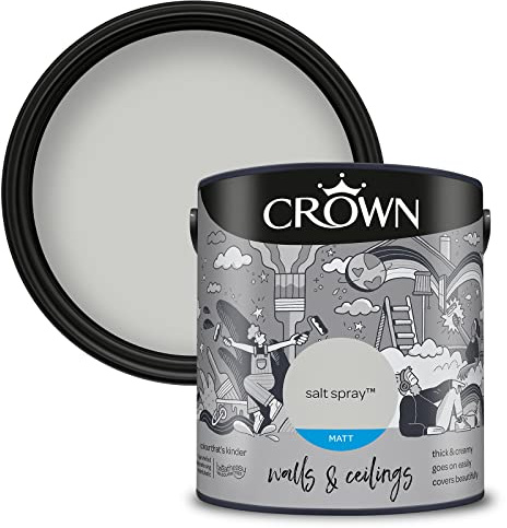 Crown WALLS & CEILINGS Cool Grey Matt Emulsion Paint 2.5L | Rich velvety matt in Salt Spray. Covers beautifully. Ideal for bedrooms & living rooms. Low VOC, low odour, vegan