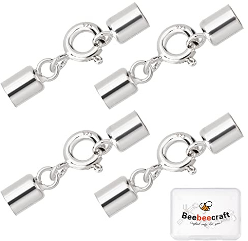 Beebeecraft 4 Sets Endkappen 925 Sterlingsilber Crimp Endkappen Zum Einkleben Mit Karabinerverschluss Für Die Herstellung von Lederbändern (Innengröße: 3.5 mm)