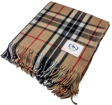 Couverture tartan - Thomson Camel - 100 % laine recyclée - Cadeau - Chaud - Élégant - Couverture - Plaid