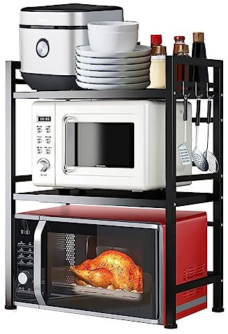 LUHWYJA Soporte Extensible para Horno de Microondas, Estante para Horno de Microondas Ajustable, Rejilla para encimera de Cocina Organizador Estanteria Mueble con 6 Ganchos (3 Niveles, Negro)