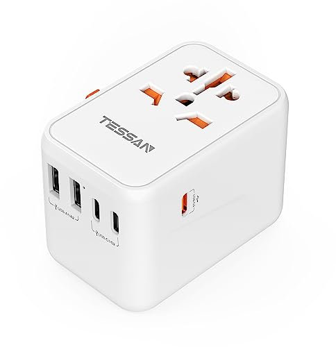 TESSAN Universal Travel Adapter 65W, PD Fast Charger, International Plug Adaptor with 3 USB C 2 USB A Ports, Worldwide Power Adapter for European USA UK Australia (Type C, G, A, I), White