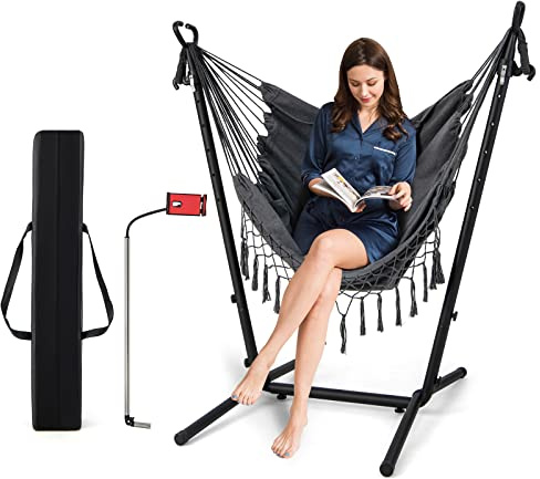 COSTWAY Hamac sur Pied avec Support en Métal 6 Hauteurs 96-146 cm, Chaise Suspendue en Coton Tissé Charge 250KG avec Oreiller Poche Latérale Porte-Téléphone et Sac (Gris)
