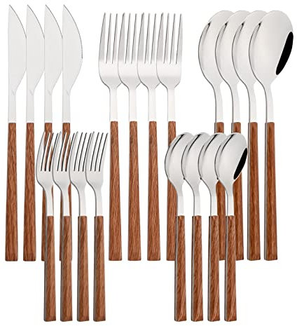 20 Pcs Or 304 En Acier Inoxydable Ensemble De Vaisselle Poignée En Bambou Couverts Gâteau Fourchettes Set Cuillère À Café Table Western-Legno Marrone Argento