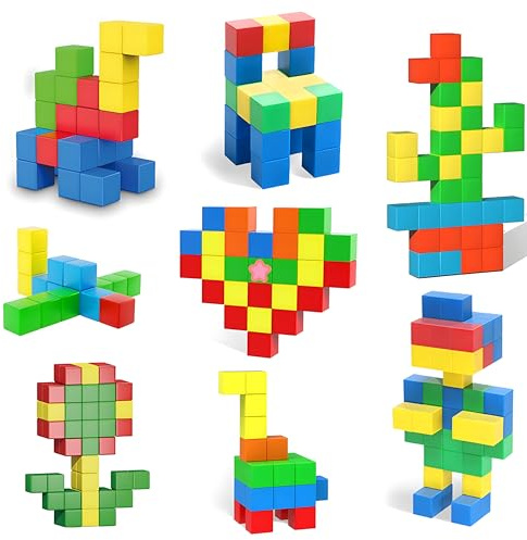 AOMIKS 57 Stück Magnetblöcke STEM Magnetische Bausteine, 3D-pädagogisches Bauspielzeug für Kinder im Vorschulalter, BAU-Lernblöcke für Mädchen und Jungen, buntes Geburtstagsgeschenk ab 3 Jahren