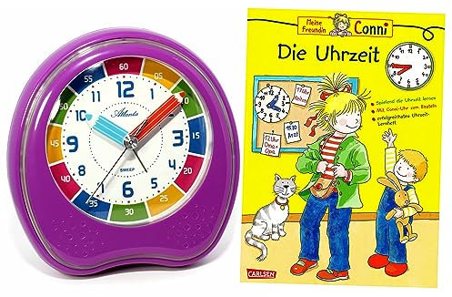 Atlanta Kinderwecker ohne Ticken + Lernbuch Conni Die Uhrzeit (Lila)