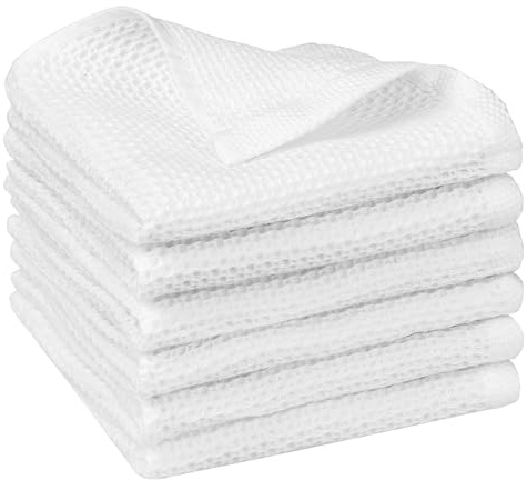 Uxcell 100% Cotton Double-Sided Waffle Weave Absorbent Kitchen Towels | Quick-drying. Reinforced edges for long-lasting use. White Pack of 6