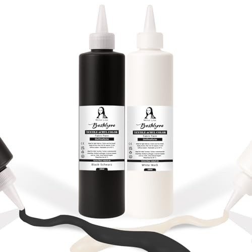 Stofffarbe 500ml Schwarz + 500ml Weiß. Waschfeste Textilfarbe. T-Shirt Farbe für helle Stoffe. Waschmaschinenfest, Waschbeständig. Textilmalfarbe, Stoffmalfarbe Fixierung durch Bügeln (Schwarz & Weiß)