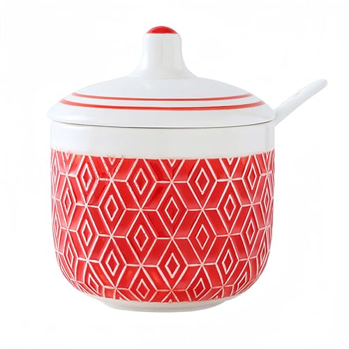 Dowbom Sal, azucarera de porcelana de color sólido, para barra de café, azucarero con tapa y cuchara (rojo-B,10 onzas), DB-TG-013