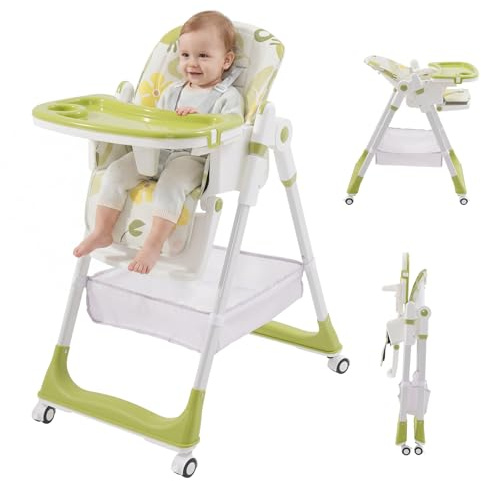 HOMCENT Foldable Baby Highchair 6 Months-3 Years, 5 Height, 3 Backrest, 3 Footrest, 4 Tray Positions for Babies and Toddlers Slim & Chubby (Green)