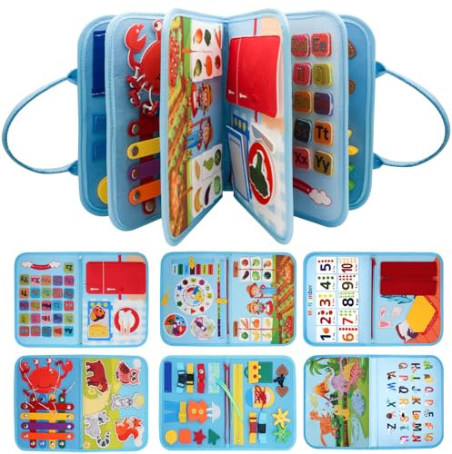 RunHero Busy Board Montessori Spielzeug Baby ab 1 Jahr Quiet Book Activity Board Motorikspielzeug Filzbuch Sensory Spielzeug Geburtstag für 1 2 3 4 5 Jahr Kinder Jungen Mädchen (Blau)