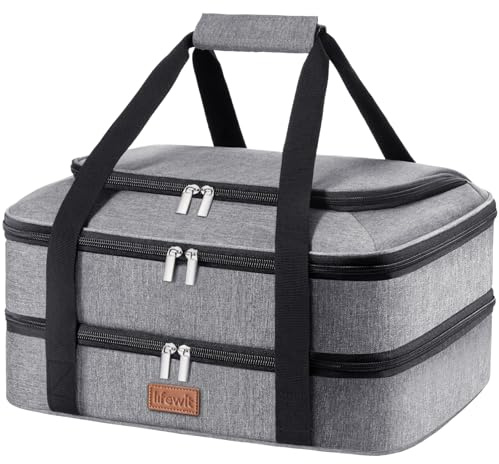 Lifewit Double Decker Casserole Carrier for Hot and Cold Food, Insulated Casserole Dish Carrier Carrying Case with Tool Room, Thermal Bag for Potluck Parties Cookouts Fits 9×13 Baking Dish, Gray