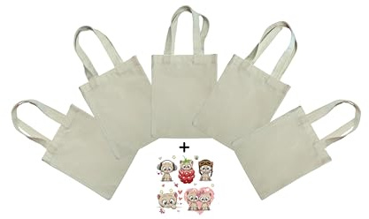 Lot de 5 mini sacs en tissu avec DTF pour transfert de chaleur. Sac personnalisé pour cadeau, goûter, friandises et cole. Sac blanc pour femme et fille. Sac fourre-tout pour peindre et broder., blanc,