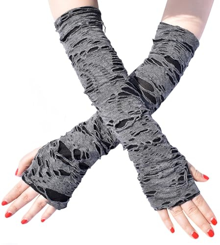Aucute Unisex Gothic Fingerlose Handschuhe, Punk Torn Arm Warmers Broken Slit Ripped Glove für Halloween Cosplay Zubehör