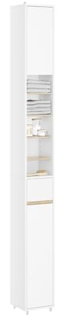 SoBuy Mueble Baño Estrecho y Alto Armario Baño Tipo Columna Auxiliar Mueble Auxiliar de Almacenaje con Estantes Regulables y Cajón Armario Estrecho para Espacios Reducidos, 20x20x180cm BZR34-WN