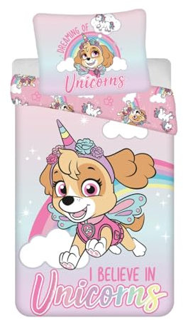 Jerry Fabrics Juego de cama infantil de la Patrulla Canina, diseño de unicornio y nube de Skye, 140 x 200 cm + almohada de 70 x 90 cm, 100% algodón
