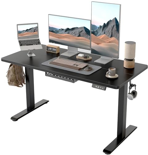 BEXEVUE Height Adjustable Electric Standing Desk - 140x60 cm Stand Up Table Desk Thick Splice Board, Smart Control Panel 3 Memory Heights, Anti-Collision System, Sit Stand Desk for Home Office, Black