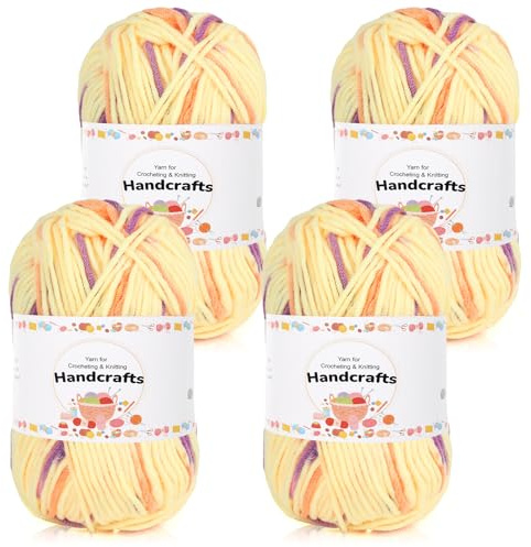 Aeelike 200g(4x50g) Farbverlauf Amigurumi Wolle, 5Ply Häkelwolle Baumwolle zum Häkeln, Langlebige Strickwolle, Bunte Häkelgarn Cotton Yarn von Decke, Pullover, Schals, Hüte, Violett Gelb