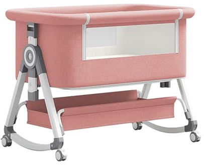 GLOKID 3in 1 Baby Beistellbett Reisebett, Babybetten, Mit Rollen, Sechs Ebenen Stufen Höhenverstellung, Wiege, Höhenverstellug und Einstellung der Neigung der Matratze (Rosa)