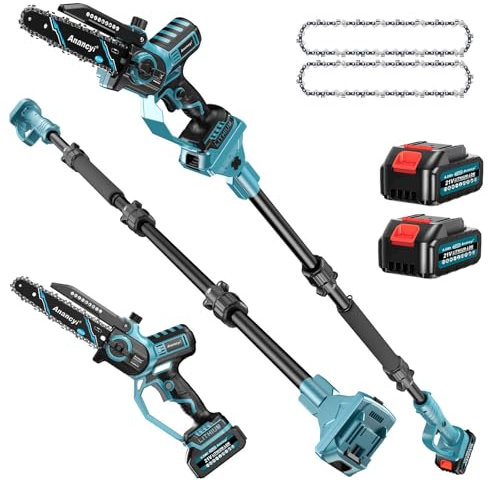 Akku Teleskop Hochentaster,8 Zoll Mini Kettensäge mit 2X 4,0Ah Akku,2-In-1 Bürstenlose Teleskop Kettensäge,Automatisches Ölsystem,30 ml Öltank, 180° Abwinkelbarer,bis zu 4,57m Arbeitslänge