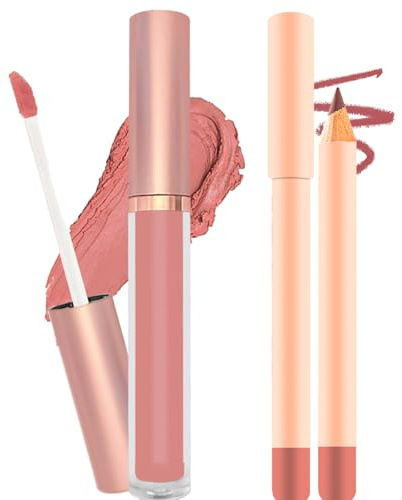 RUICHING Nude Lip Liner and Lipstick Set, Long Lasting Matte Lip Gloss, Pink Natural Waterproof Non-sticky Velvety Lip Stain, Lip Pencil Combo, Makeup Gift for Women