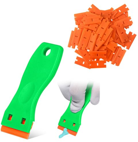 Rascador de hoja de afeitar de plástico, incluye 10 herramientas raspadoras y 100 cuchillas para removedor de juntas, etiquetas adhesivas y removedor de adhesivo para ventanas y vidrio (verde)