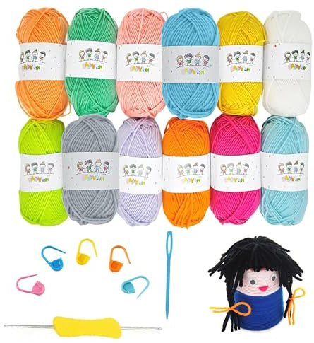 19pcs Knitting Kit, Beginners Knitting Set, Knitting Kits for Adults Children, Craft Knitting Starter Kit, Dishcloth Knitting Kit inclusive 12 Colour Yarn 1 Crochet Hook 5 Marking Pins 1 Sewing Needle