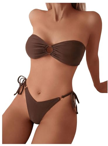 GORGLITTER Damen Bandeau Bikini Sets Trägerloses Bikinioberteil Tanga High Waist 2 Piece Strandmode Zweiteiliger Swimsuits Bikinis mit Ring Kaffeebraun S