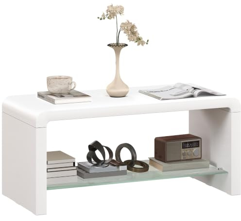 HOMCOM Mesa de centro de alto brillo con almacenamiento, mesa de salón de dos niveles con estante de cristal, mesa de centro moderna para oficina en casa, 100 x 45 x 45 cm, blanco de alto brillo
