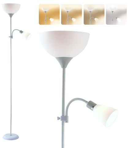 Lampara de Pie Salon con Brazo de Lectura BLANCO de Iluminación hacia Arriba, Compatible con Bombillas E27 y E14, No Incluye Bombillas, con Cable de Alimentación