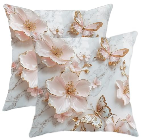Set di 2 federe per cuscini primaverili con fiori di pesco e farfalle, decorative, quadrate, per divano, letto, eleganti accenti primaverili, 50 x 50 cm