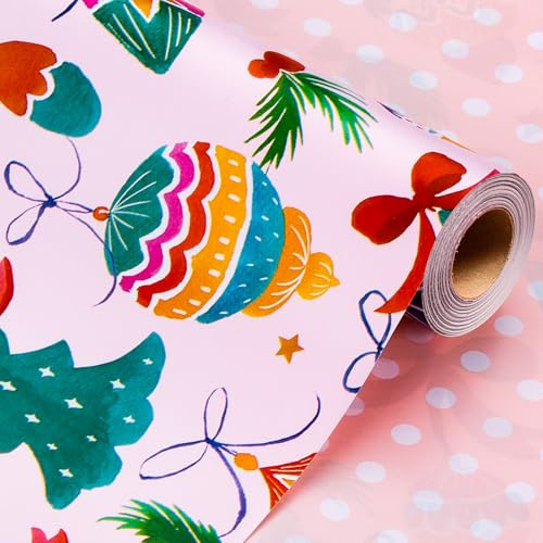 Wikadlik Weihnachts-Geschenkpapier-Rolle, 43 cm x 10 m, rosa Schleife, Glocken, Weihnachtsbaum, gepunktet, Urlaubsgeschenk, Geschenkpapier für den Winter, festliche Partys, Feiern