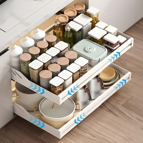 ZQEJEFD Teleskopschublade,Ausziehbare Schublade Küche(33-55 cm B x 43 cm T x 5.5 cm H) Ausziehbarer Schrank Organizer, Ausziehbares Regal unter der Spüle, Kleben Nachrüsten Ohne Bohren(Weiß)