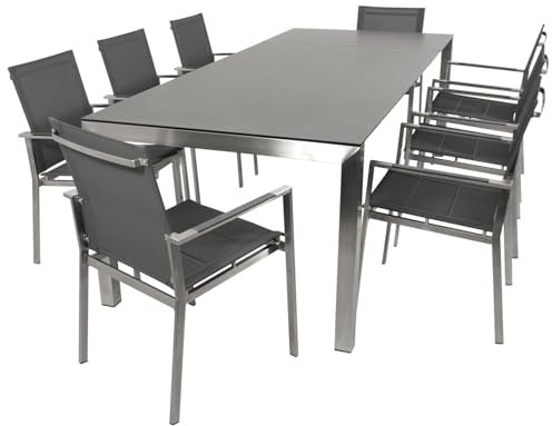 DEGAMO Gartengarnitur Sydney 9-teilig Edelstahl (8X Stapelsessel gepolstertes Kunstgewebe grau und 1x Ausziehtisch in Keramikoptik 180/240x100cm), Outdoor wetterfest