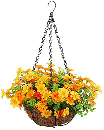 JOPWUE Artificial Hanging Basket with Flowers,Flower Baskets,Artificial Floral Outdoor,Chain Basket,Fake Hanging Plants for Home Outdoors Garden Décor Patio Porch (Type E)