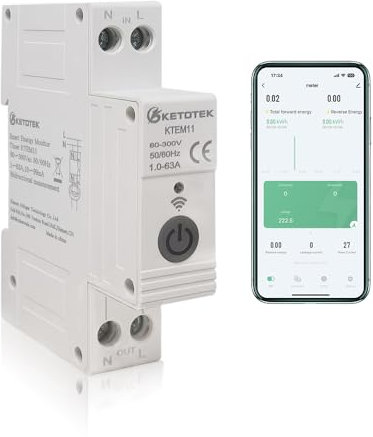 KETOTEK WiFi Medidor Consumo Electrico Bidireccional, Digital Contador de Corriente Monofásico Inteligente KWh Mete Voltímetro Amperímetro Timer Controllo