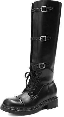 DREAM PAIRS Damen Kniehohe Stiefel mit Schnürung, Blockabsatz & Reißverschluss, Modischer Biker-Stil, Komfortabel für Herbst & Winter,Size 39,Schwarz,DWUMKB2512