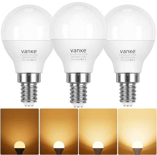 Vanke E14 Dimmable Bulb, 4.2W (40W Equivalent), Warm White 2700K, Pack of 3 | SES LED Golf Ball Light Bulb, 470 Lumen, Small Screw Light Bulb, No Flicker