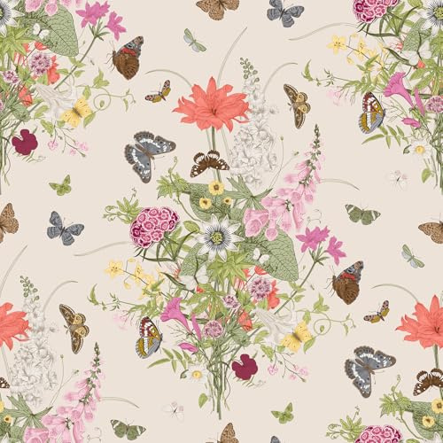 VaryFloral Tapete Blumen Beige Klebefolie Möbel 44.5cmx400cm Möbelfolie Selbstklebend Bunte Blumen Fototapete Schmetterling Mustertapete Vintage Abwaschbare Tapete Folie für Küchenschränke Tisch