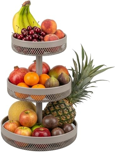 eluno 3-vånings rund fruktskål / brödkorg, diametrar 20 cm, 25 cm och 30 cm, fruktskål, för frukt, grönsaker, bröd och snacks i kök och vardagsrum, i metall, toupe