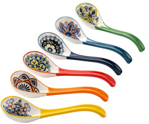 HENXFEN LEAD Suppenlöffel Porzellan, 6,5 Zoll Ramen Löffel für Suppe, Knödel, Reis, und Pho Wonton Nudeln. Bunte, 6er Pack - Bohemian Style