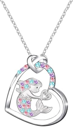 MAKOBLESSMOMO Meerjungfrau-Halskette für Mädchen und Jungen, Halsketten mit Kristall-Herz-Anhänger, Geschenke, Schmuck, Geschenke für Mädchen, Tochter, Enkelin, Nichte, Geburtstags